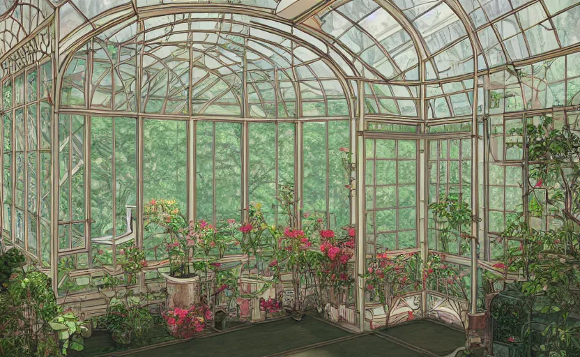 Prompt: japanese greenhouse, bay window, indoor, architecture, highly detailed, digital painting, artstation, art nouveau, concept art, sharp focus, illustration