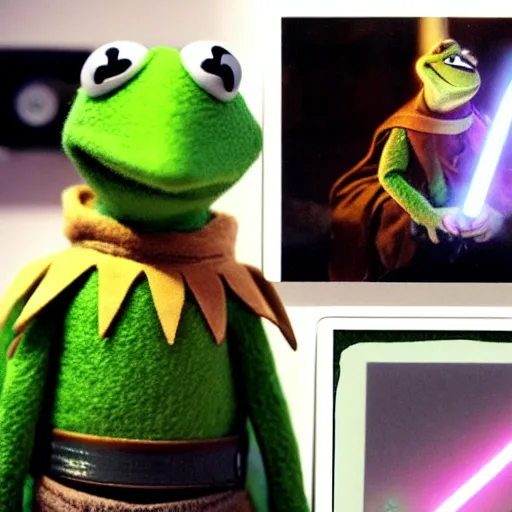 Kermit the frog as Obi Wan, lightsaber lighting, Stable Diffusion