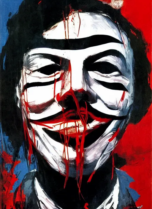 Image similar to v for vendetta ( 2 0 0 6 ) guy fawkes, by ashley wood, yoji shinkawa, jamie hewlett, 6 0's french movie poster, french impressionism, black red white colors, palette knife and brush strokes, dutch tilt