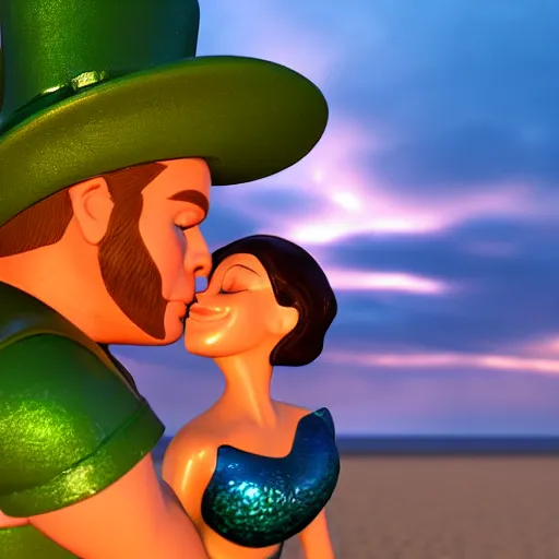 Prompt: a close up portrait of a leprechaun kissing a mermaid on the beach. the sun is setting in the background, bathing the scene in beautiful golden light. high quality, photograph, unreal engine 5, 4 k uhd image, perfect lightning