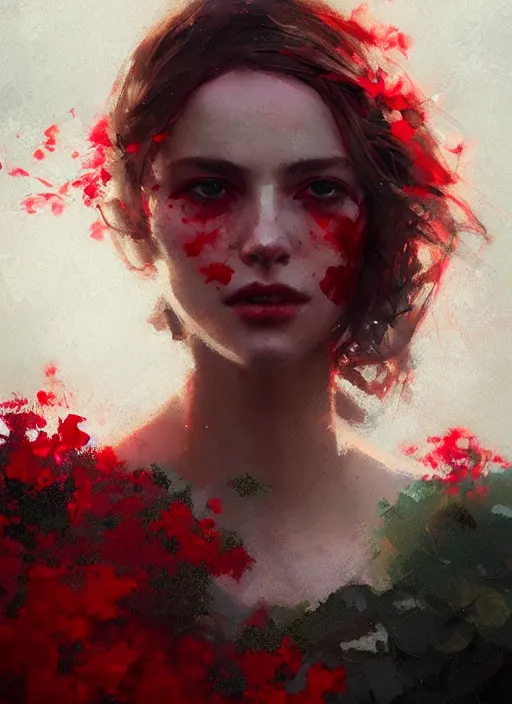 Prompt: outdoor portrait of a beautiful girl, shades of red and green, beautiful face, rule of thirds, intricate outfit, spotlight, by greg rutkowski, by jeremy mann, digital painting