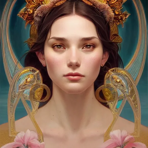 Image similar to perfectly - centered portrait of a goddess, beautiful, gorgeous, cute, amazing, highly detailed, professional digital painting, unreal engine 5, photorealism, hd quality, 8 k resolution, cinema 4 d, 3 d, cinematic, art by artgerm and greg rutkowski and alphonse mucha and loish and wlop