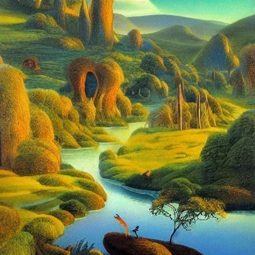 Image similar to A beautiful photograph of a landscape. It is a stylized and colorful view of an idyllic, dreamlike world with rolling hills, peaceful looking animals, and a flowing river. The scene looks like it could be from another planet, or perhaps a fairy tale. umber by Hal Foster relaxed, dull