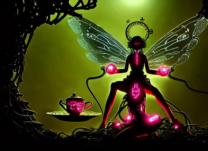 Image similar to silhouette of an intricate mechanical fairy with visible gears having tea with a cyborg winged horned demon medusa in a magical forest. Very detailed 8k. Fantasy cyberpunk horror. Sharp. Cinematic post-processing