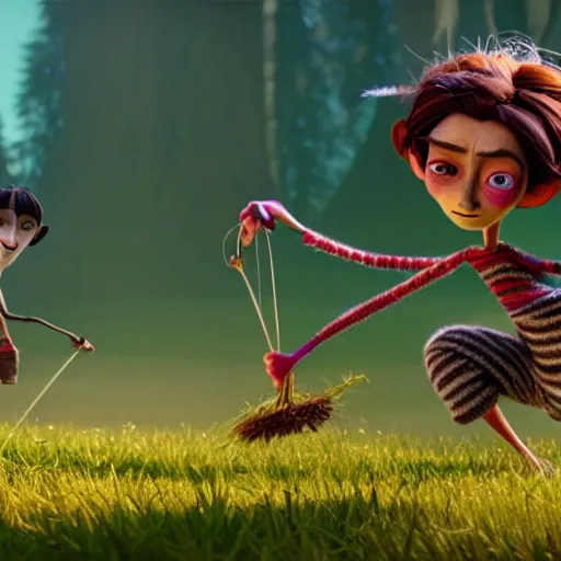 Prompt: a stopmotion animation character, a beautiful canadian woman, pulling weeds out frantically, some grey hair, stripey pants, octane render, 8 k, kubo and the two strings, jan svankmayer