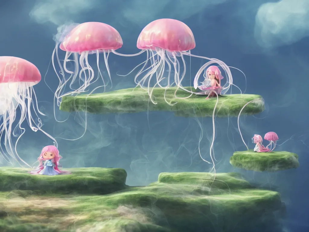 Image similar to cute fumo plush jellyfish girl sitting on a floating island, isometric projection, wisps of smoke and volumetric fog, vignette, vray