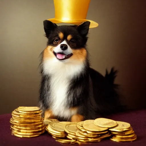 Image similar to a tan pomeranian wearing a top - hat and monocle and sitting on large pile of featureless gold coins