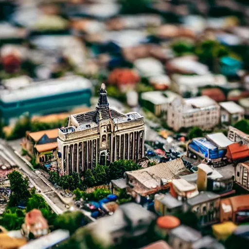 Prompt: macro photo of a miniature secret hidden world with tiny buildings and people