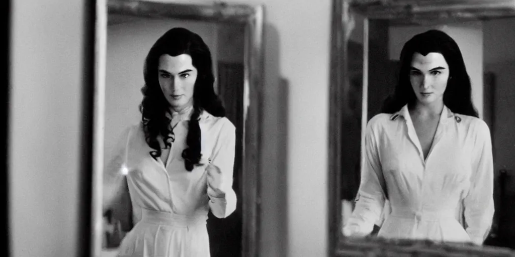 Image similar to ultra wide angle photo of young caitlin jenner, born female, dressed in a white blouse and black dress pants as diana prince looking at herself in a bathroom mirror and seeing her reflection as wonder woman