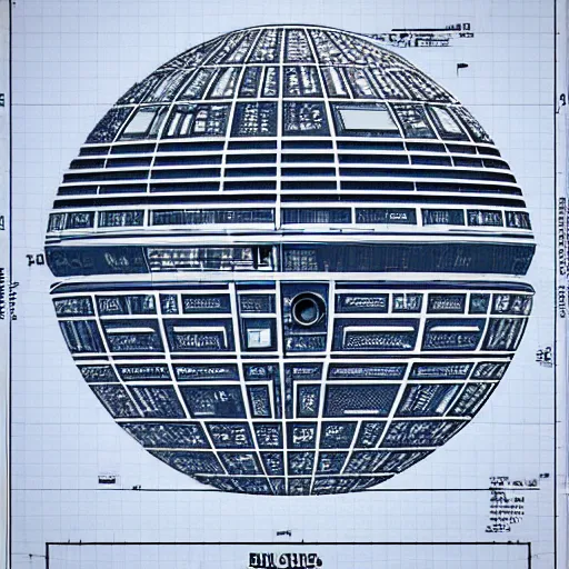 Image similar to blueprints of the Death Star, hyperealistic