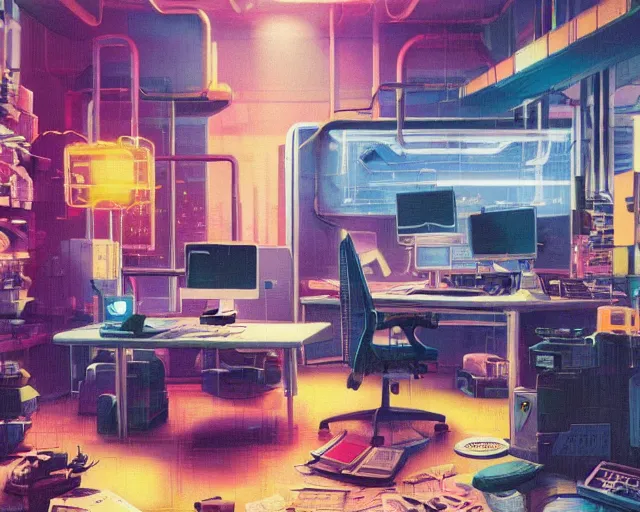 Image similar to IKEA catalogue photo of a cyberpunk office, by Paul Lehr