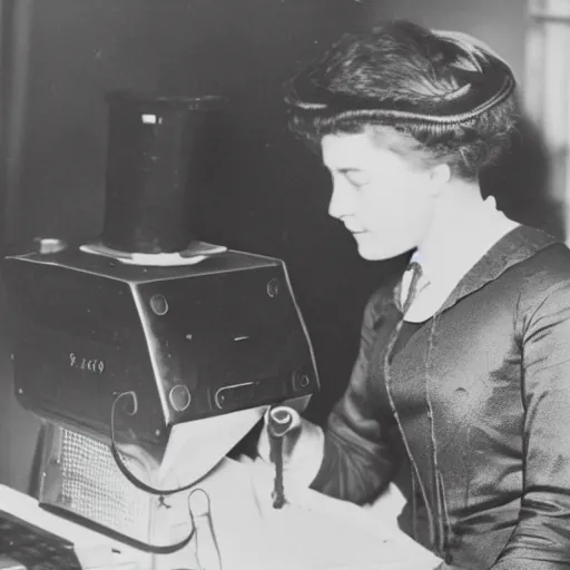 Image similar to an early 1900s photo of someone on a computer making a donut in blender