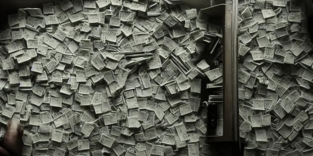 Image similar to a film still of cash money piling up in a vault, shallow depth of field, cinematic, award winning cgi, vfx, film still