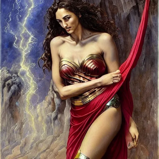 Image similar to Full body oil painting of the beautiful woman Gal Gadot, she is wearing some withe ancient greek cloths and a surreal ornate, her hair is natural disheveled, naturalism, dramatic lighting, high-detailed oil painting by Ilya Repin, Michelangelo da Caravaggio, William Blake, Alex Grey and Beksinski, trending on Artsatio, masterpiece, 4k, 8k,