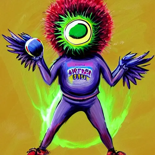 Image similar to a tennis ball monster with angel halo and wings,tennis ball,colorful, digital art, fantasy, magic, trending on artstation, ultra detailed, professional illustration by Basil Gogos