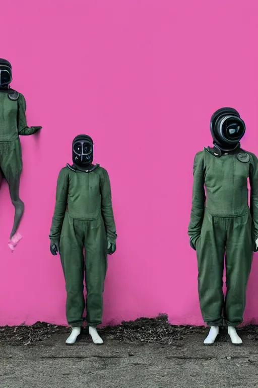 Image similar to a surreal portrait of intertwined and contorted figures wearing gas mask next to a pink wall in the style of brooke didonato, editorial fashion photography from vogue magazine, full shot, nikon d 8 1 0, ƒ / 2. 5, focal length : 8 5. 0 mm, exposure time : 1 / 8 0 0, iso : 2 0 0