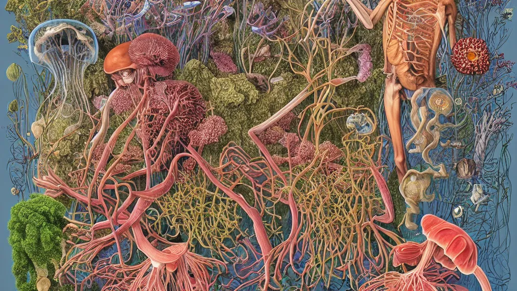 Image similar to highly detailed illustration human anatomy with all the known species of plants, flowers, corals, mushrooms and jellyfish by juan gatti, by moebius!, by oliver vernon