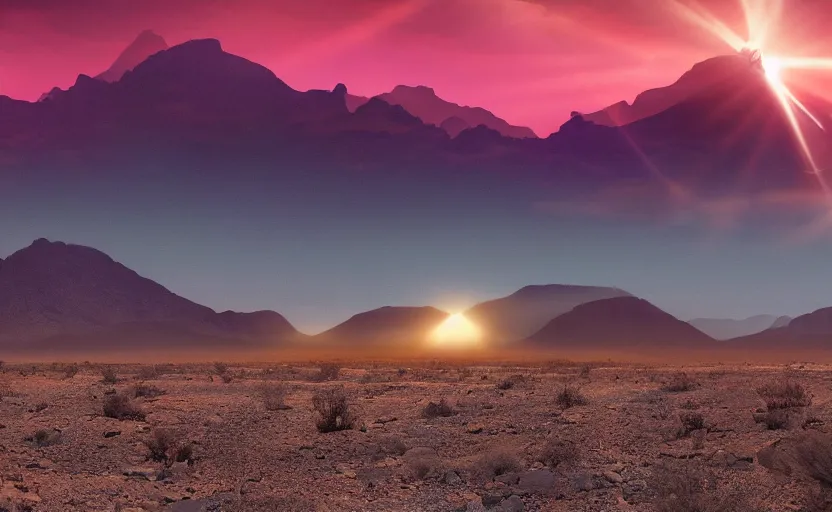 Image similar to a beautiful photo of a sci - fi scientific industrial facility localized in a desert, mountains in the background, patches of yellowish - red - magenta sky, sunset lighting, detailed, hazy, volumetric lighting, god rays, 8 k, cinematic