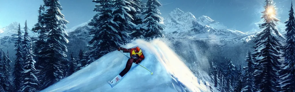 Prompt: a close up profile shot of a skier rushing down a snowy mountian. 8 k, epic cinematic hyperrealism masterpiece. realistic poster with shaded lighting by craig mallismo, artgerm, jeremy lipkin and michael garmash, unreal engine, radiant light, detailed and complex environment, digital art, art station trends, detailed, lens flare, motion blur