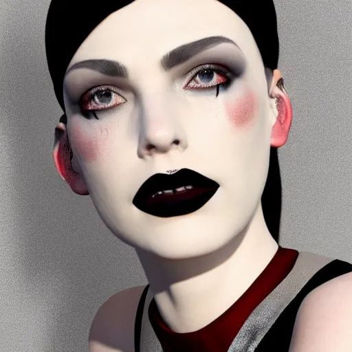 Prompt: comforting portrait of a pale goth woman with elegant multilayered red-black-silver leather high-neck striped dress, curvy thin waist, photorealistic, sublime, 16k, smooth, sharp focus, cgsociety, trending on ArtStation, volumetric lighting