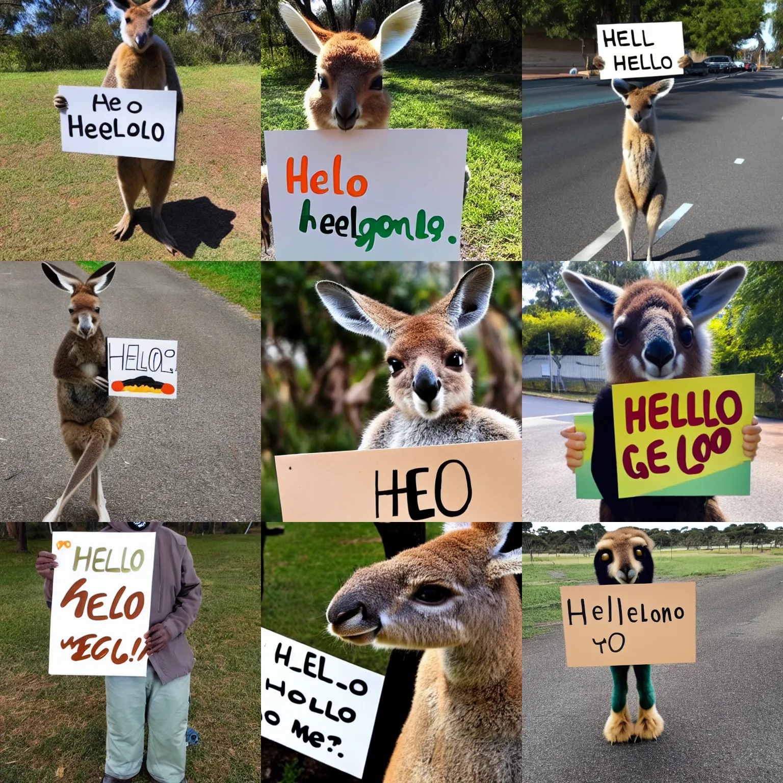 Prompt: a kangaroo holding a sign that says'hello everyone'