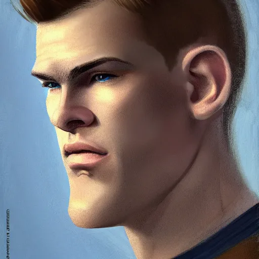 Image similar to tall chunky man in his twenties with brown blond short regular haircut and round facial structure with cleft chin, straight eyebrows, big grey blue eyes, happy, slightly set back jaw, cheekbones, straight nose, wider face, slight shadow of beard, atmospheric lighting, painted, intricate, 4 k, highly detailed by charlie bowater