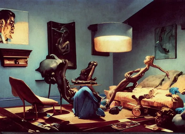 Prompt: a still from the film prometheus by francis bacon, surreal, soft blue living room, norman rockwell and james jean, greg hildebrandt, and mark brooks, triadic color scheme, by greg rutkowski, in the style of francis bacon and syd mead and edward hopper and norman rockwell and beksinski, dark surrealism, open ceiling