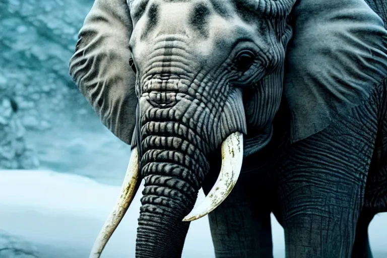 Image similar to vfx film, game of thrones elephant characters, flat color profile low - key lighting award winning photography arri alexa cinematography, big crowd, hyper real photorealistic cinematic beautiful, atmospheric cool colorgrade