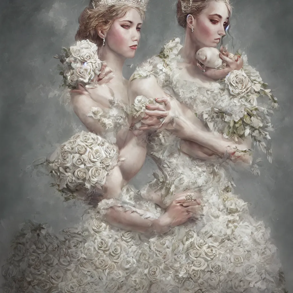 Image similar to a queen with a decorated dress made of white and cream colored roses holding a swan in her arms, highly detailed, digital painting, trending on artstation , HD quality, by meredit frampton dramatic light, octane