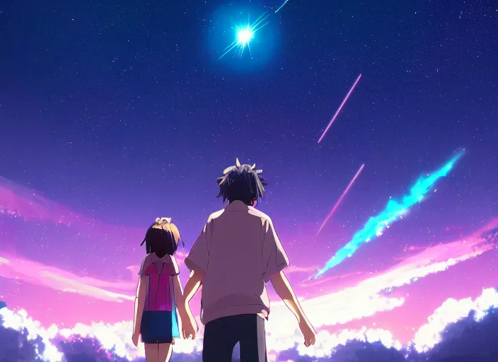 Prompt: pink and blue sky, japanese anime, comet in the sky, nebula, galaxy, Your Name movie style, main character standing looking at sky, wallpaper, 4k, 8k, digital art, wallpaper, artstation