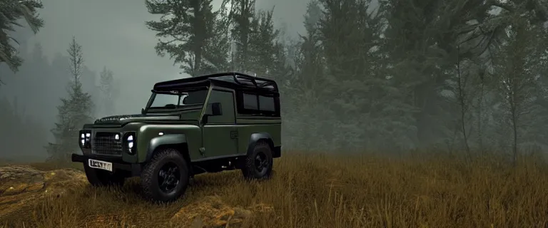 Prompt: Land Rover Defender 110 (1985), The Elder Scrolls V: Skyrim, Riften, The Rift, an epic fantasy, autumn, living flora, spriggans, humanoid flora, green floral energy going through spriggans, wooden forest spirits, dramatic lighting, cinematic, establishing shot, extremely high detail, photorealistic, cinematic lighting, artstation, by simon stalenhag