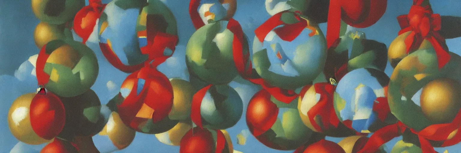 Prompt: christmas ornaments oil painting magritte