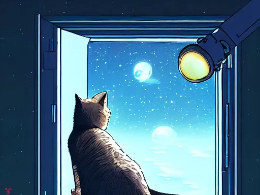 Prompt: cat from behind in space station watching the stars trough a large window, digital painting, dramatic lighting, highly detailed, artstation, concept art