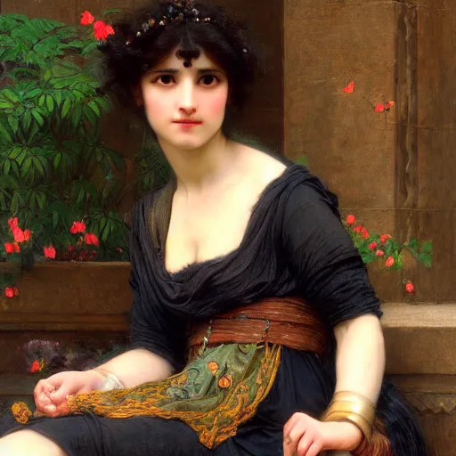 Prompt: orientalist portrait of a woman with thick black bangs and curls sitting outside sandstone ruins intricate artwork by john william waterhouse and Edwin Longsden Long and Theodore Ralli and Henryk Siemiradzki. trending on artstation, very coherent symmetrical artwork high detail 8k