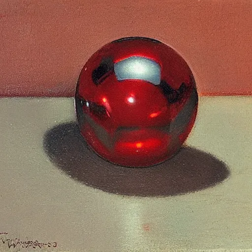 Prompt: chrome spheres on a red cube by worthington whittredge