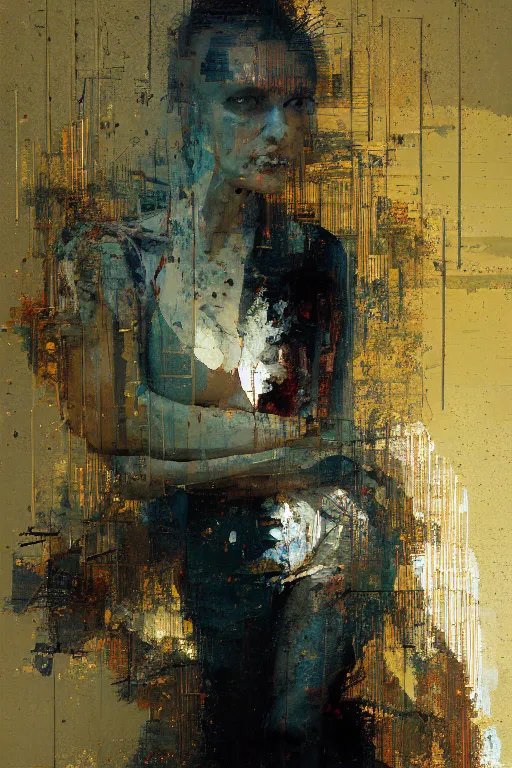 Image similar to a beautiful glitched painting by robert proch of a woman in a glitched bathroom, metal rust and plaster materials, pixel sorting, color bleeding, brushstrokes by jeremy mann, still life, dark colors