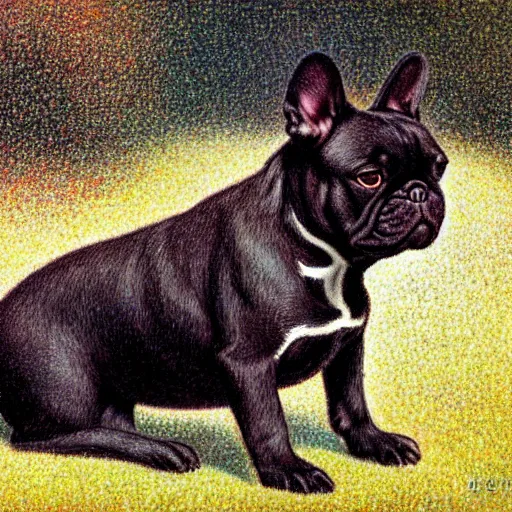 Prompt: black french bulldog by seurat georges