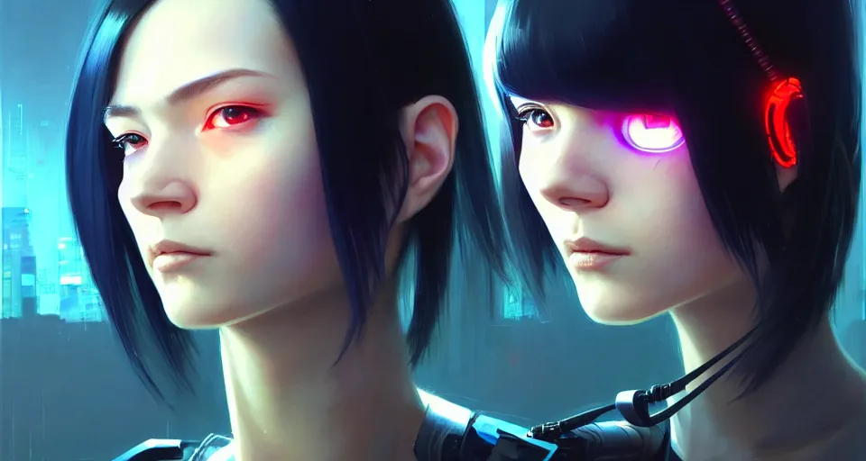 Image similar to potrait of a cyborg cyberpunk girl, fine - face, realistic shaded perfect face, fine details. starlight, realistic shaded lighting poster by ilya kuvshinov katsuhiro otomo ghost - in - the - shell, magali villeneuve, artgerm, jeremy lipkin and michael garmash, rob rey and kentaro miura style, trending on art station