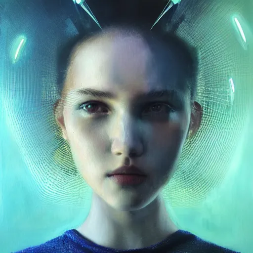 Prompt: 3 d, sci - fi, morning, sleepy fashion model face, sun, cinematic, clouds, lightning flashes, vogue cover style, poster art, light green and deep blue mood, realistic painting, intricate oil painting, high detail, figurative art, multiple exposure, poster art, 3 d, by tooth wu and wlop and beeple and greg rutkowski