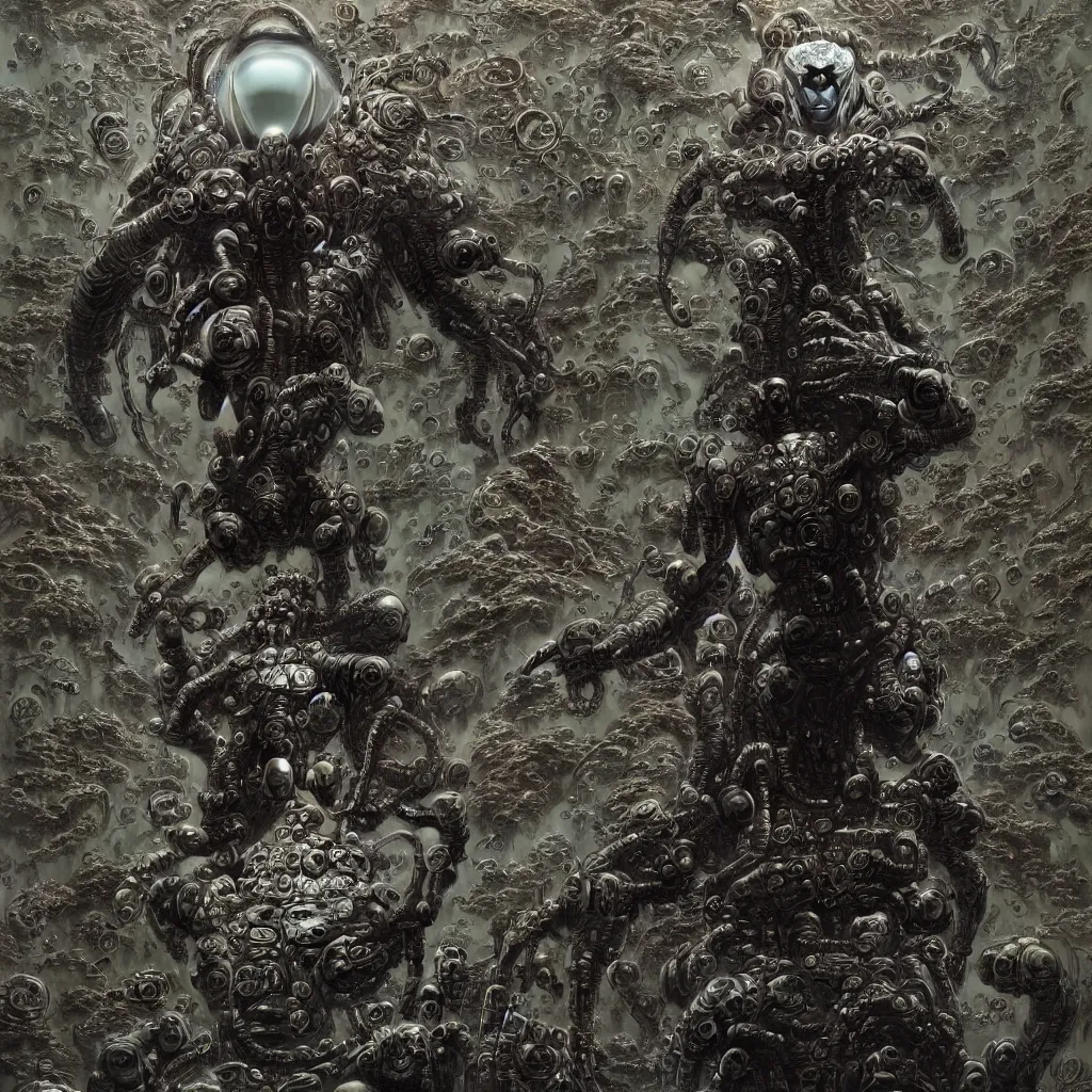 Image similar to symmetric frame of dr doom from Prometheus movie by beksinski, cyborg dr doom mecha by guo pei and alexander mcqueen metal couture editorial, eldritch epic monumental wallpaper by beksinski by Yuko Shimizu