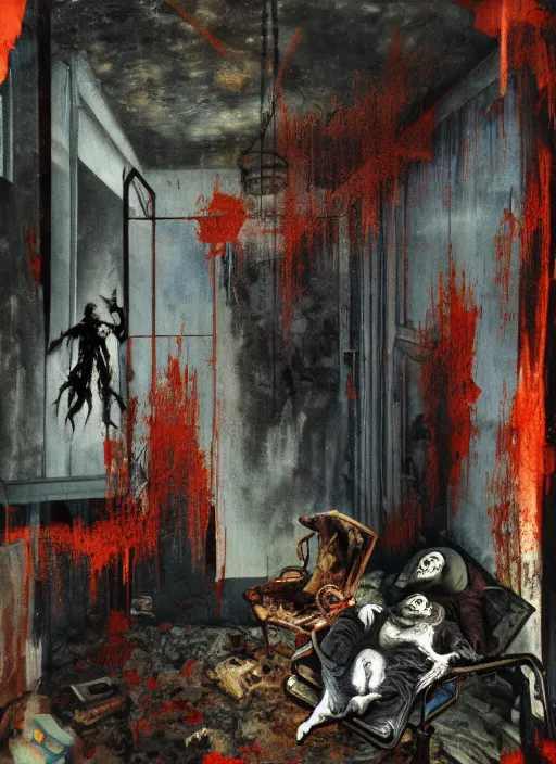 Image similar to two dark figures laughing inside a decayed Romanian hospital room, gothic, rich deep colors. intricate artwork in the style of Francis bacon and James jean, part by Gerhard Richter, part Petra cortright, highly detailed, very coherent, horror, rich colours