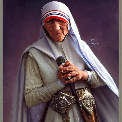 Image similar to Mother Teresa as a fantasy D&D knight, portrait art by Donato Giancola and Bayard Wu, digital art, trending on artstation, 4k