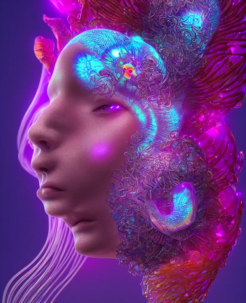 Image similar to goddess close-up portrait. dichroic orchid jellyfish phoenix head, nautilus, skull, betta fish, bioluminiscent creatures, intricate artwork by Tooth Wu and wlop and beeple. octane render, trending on artstation, greg rutkowski very coherent symmetrical artwork. cinematic, hyper realism, high detail, octane render, 8k