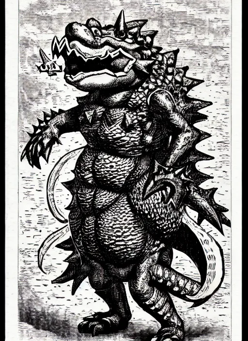 Image similar to illustration of bowser the king koopa as a demon from the dictionarre infernal, etching by louis le breton, 1 8 6 9, 1 2 0 0 dpi scan, ultrasharp detail, clean scan