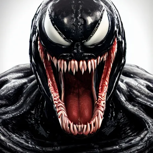 Prompt: Venom portrait by Marcus Whinney Artstation, highly detailed, photorealism, zbrush sculpt, substance painter, texturing XYZ, Subsurface scattering, cinematic lighting, high contrast, depth of field, futuristic art, golden ratio, rule of thirds, surrealism Unreal engine 5