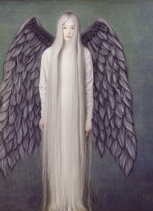 Image similar to tall thin young wan beautiful angel, silver hair so long, pale!, long silver hair, silver angel wings, wan adorable korean face, silver hair!!, style of fernand khnopff and lucien levy - dhurmer, oil on canvas, 1 8 6 2, 4 k resolution, aesthetic!,