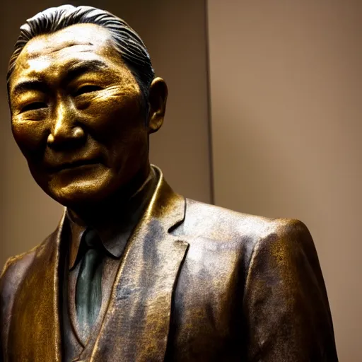 Image similar to close up shot of an old bronze patina statue of takeshi kitano in a museum