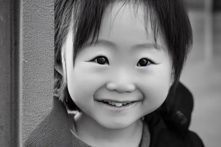 Prompt: still photo of a japanese child smiling at the camera on the street, black and white color aesthetic, highly detailed, photorealistic portrait, bright studio setting, studio lighting, crisp quality and light reflections, unreal engine 5 quality render