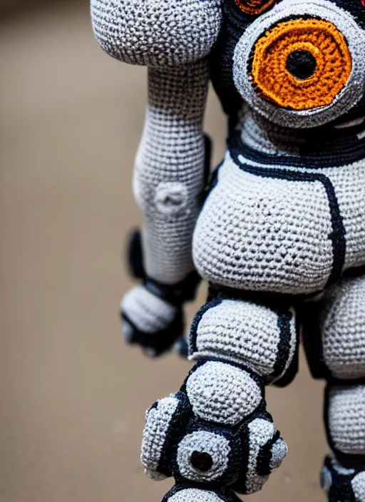 Prompt: a crochet mecha, realistic, no cropping, full body, Sigma 50 mm f/1.4