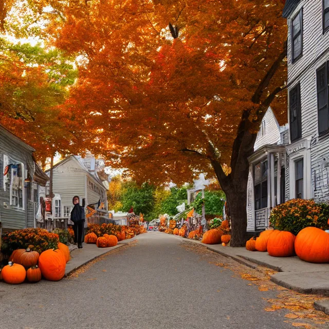 Prompt: small new england colonial city street with shops and pumpkins, maple trees with fall foliage, volumetric, realistic, cinematic lighting, ray tracing, unreal engine 5, octane render, hyper realistic, photo, 8 k